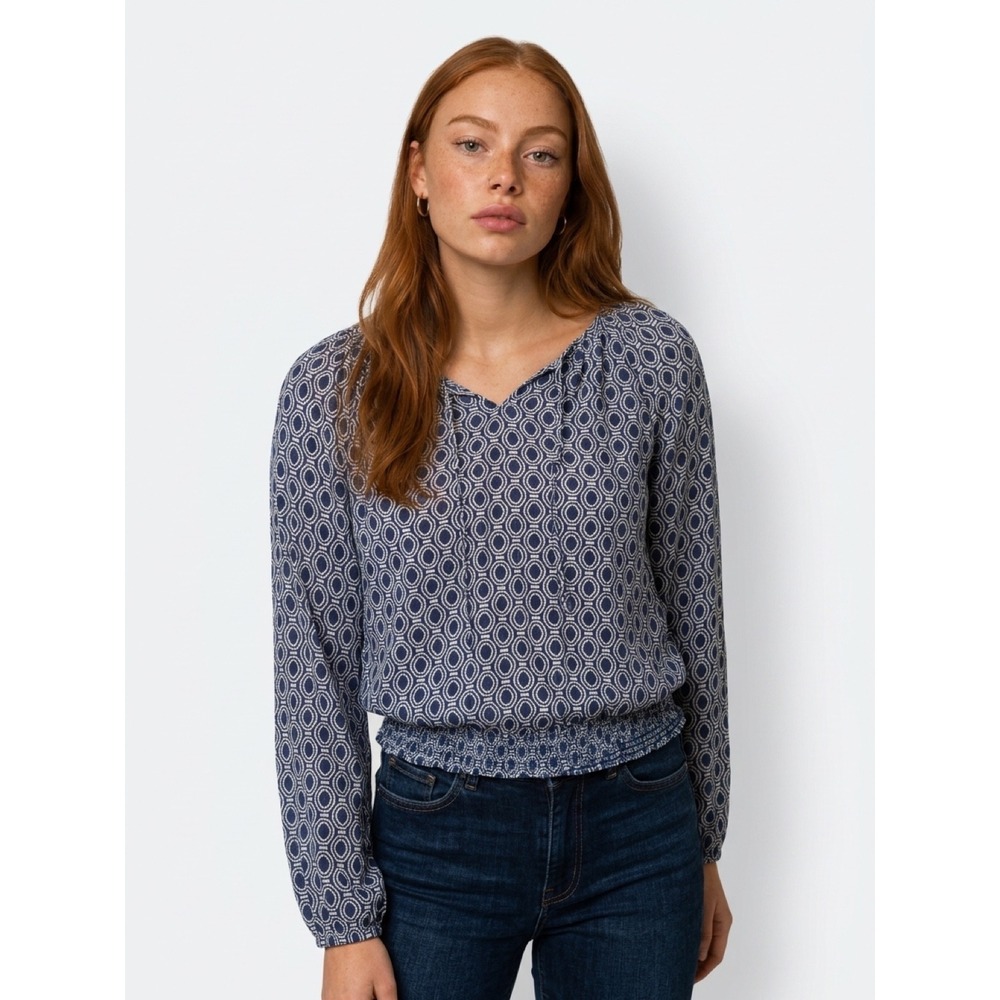 Lucky Brand Navy Blue geometric Smocked Hem Blouse L capsule basic nautical